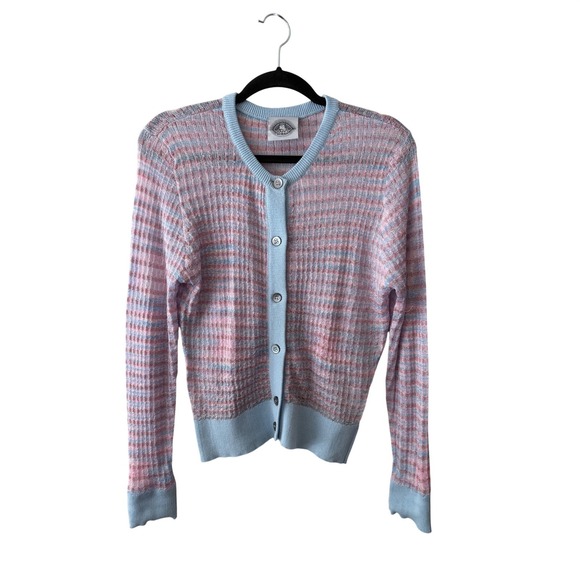 Happy Sheep Sweaters - Happy Sheep Italy Pastel Pink Blue Striped Metallic Knit Button Front Cardigan